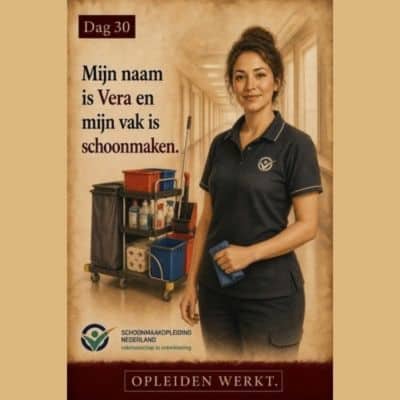 Vera, professioneel schoonmaakster, in donker poloshirt naast haar werkwagen in een gang, met de tekst "Mijn naam is Vera en mijn vak is schoonmaken"