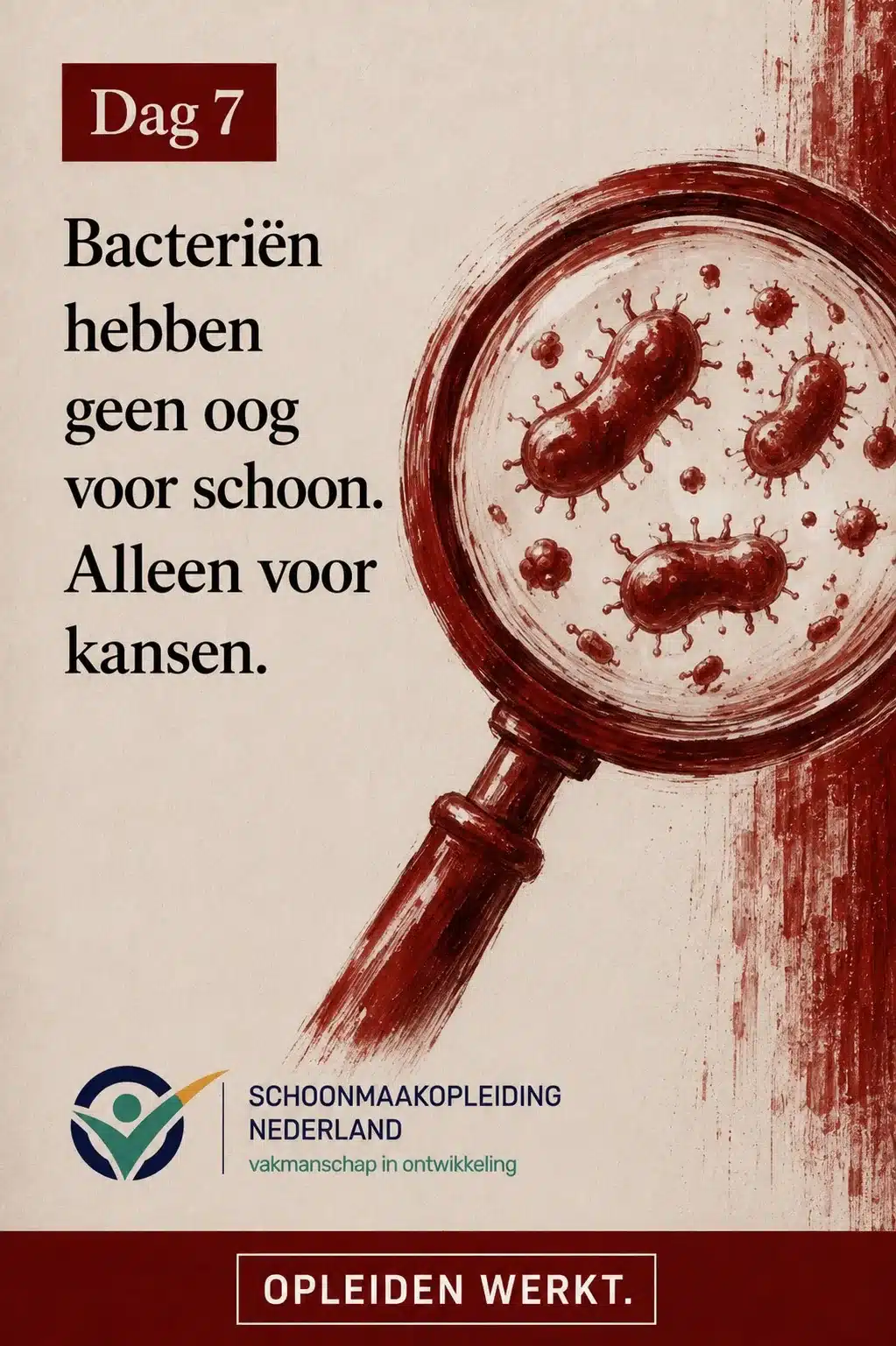 Dag 7: vergrootglas met bacteriën eronder, met de tekst 