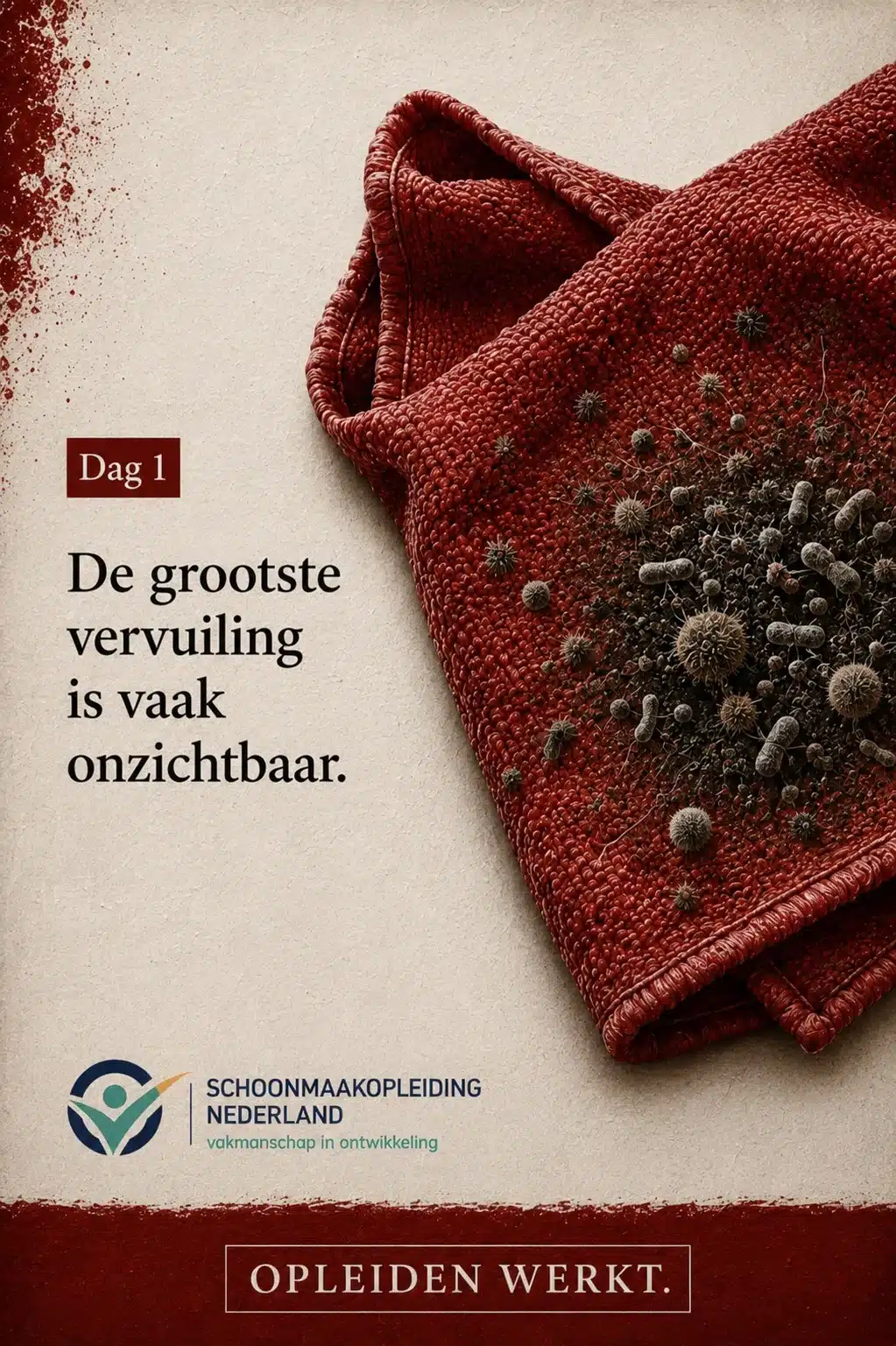 Dag 1: rode gevouwen microvezeldoek met een donkere kolonie micro-organismen erop, met de tekst 