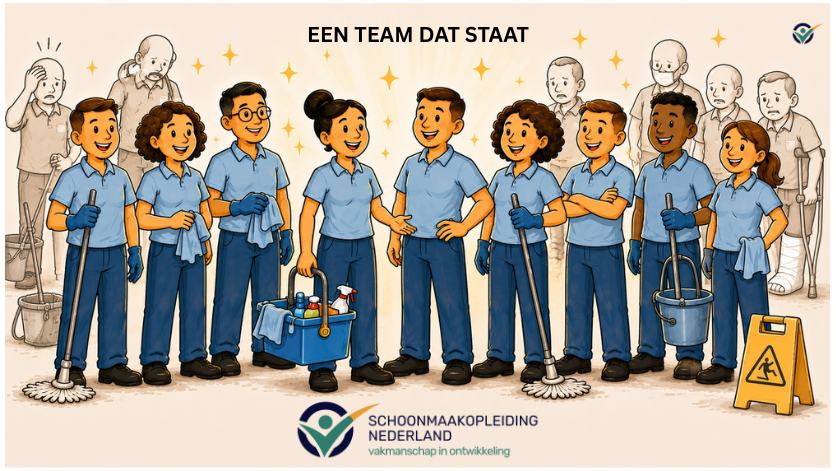 Ziekteverzuim in de schoonmaak daalt door een team dat staat.