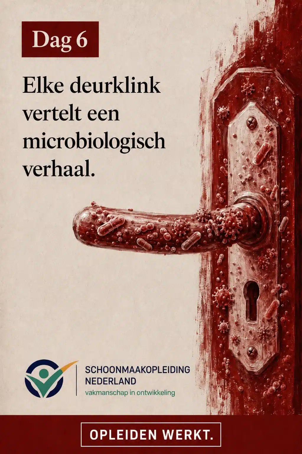 Dag 6: deurklink bedekt met bacteriën en virusdeeltjes, met de tekst 