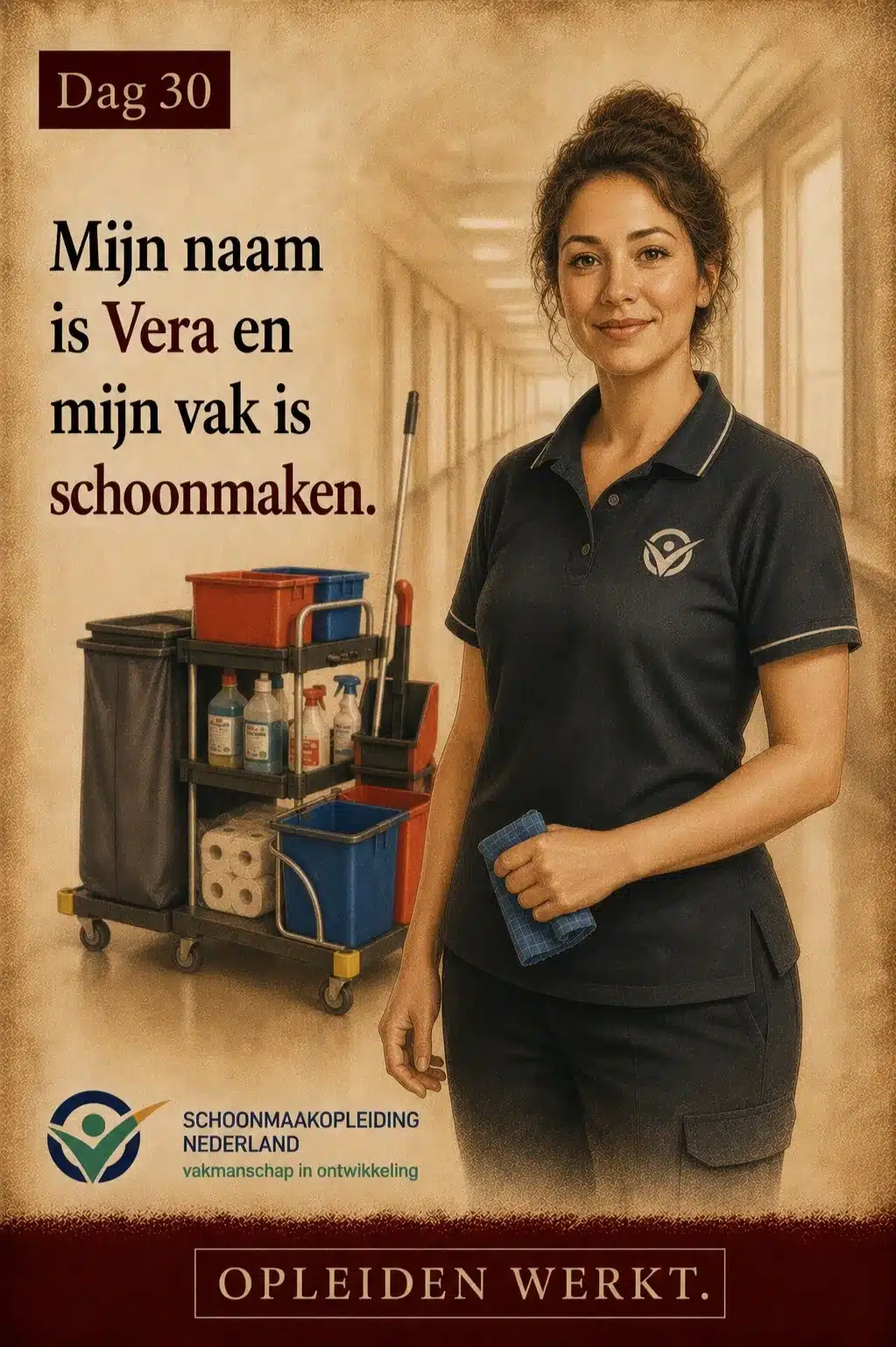 Dag 30: Vera in donker poloshirt met haar werkwagen in een gang van een zorginstelling, een blauwe doek in haar hand, met de tekst 