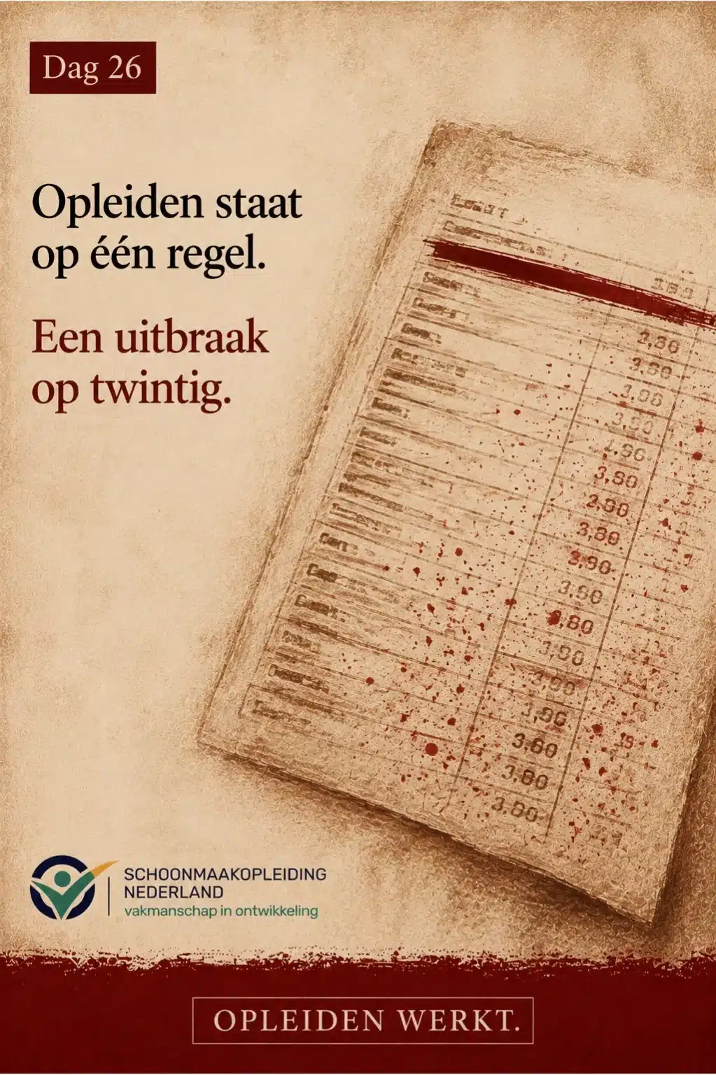Dag 26: begroting met bloedspatten en een rode streep door één regel, met de tekst 