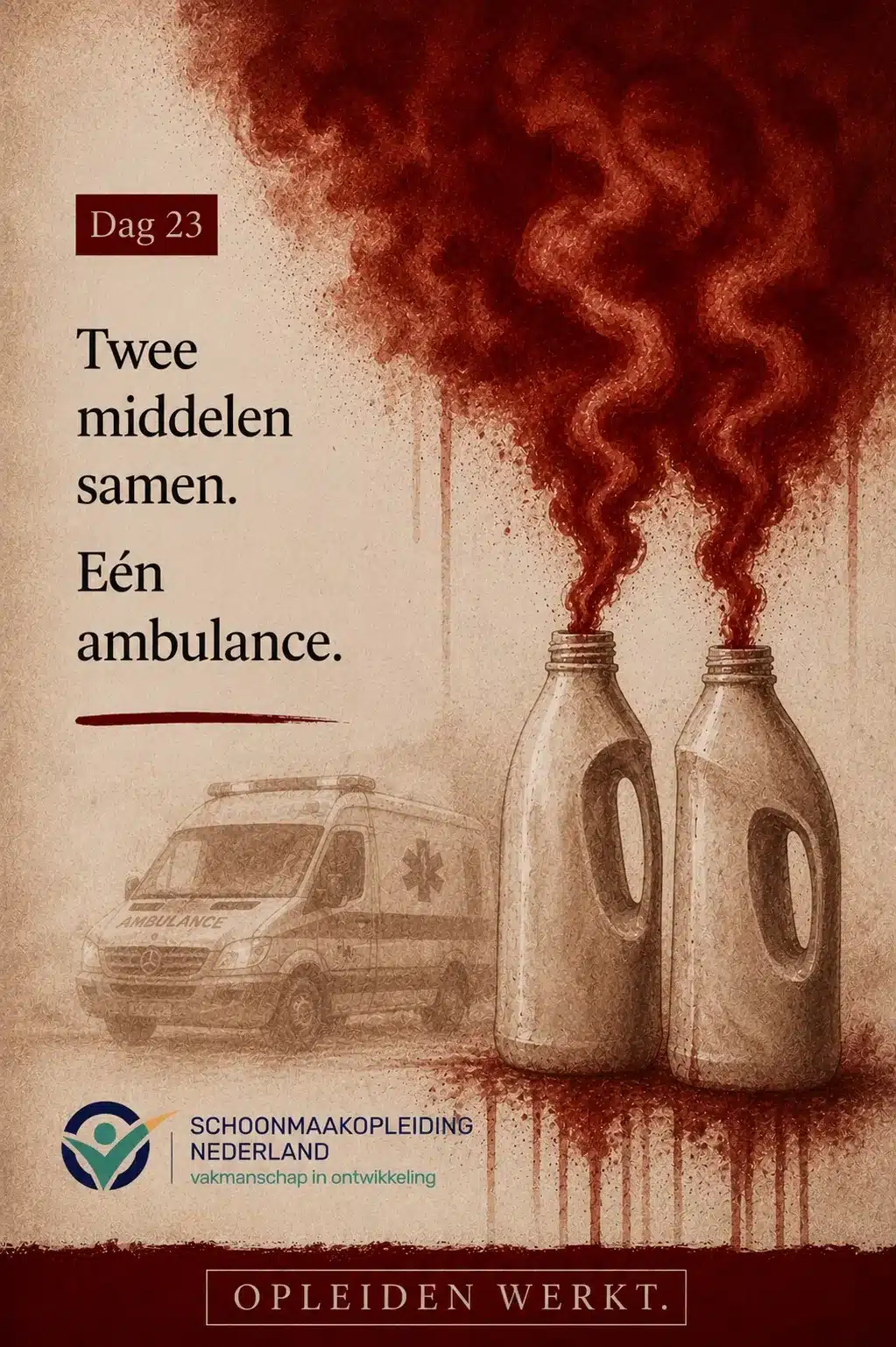 Dag 23: twee flessen schoonmaakmiddel waar rode damp uit opstijgt, met een ambulance op de achtergrond en de tekst 