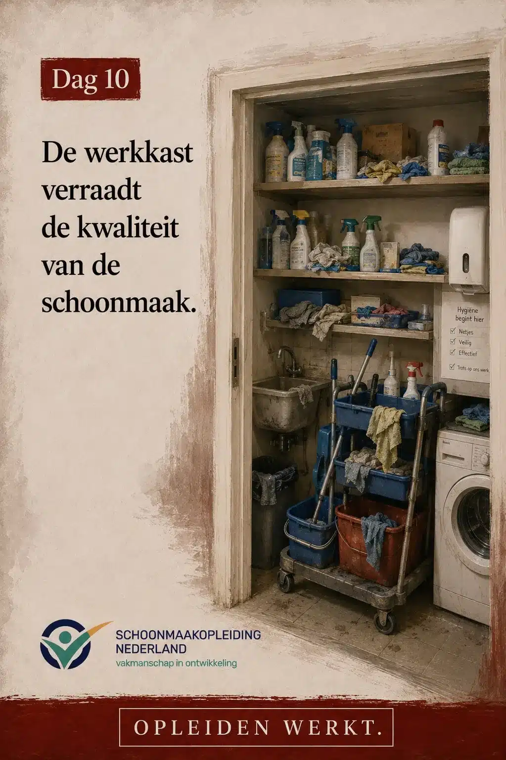 Dag 10: verwaarloosde werkkast met vuile doeken, een volle werkwagen en een bordje 