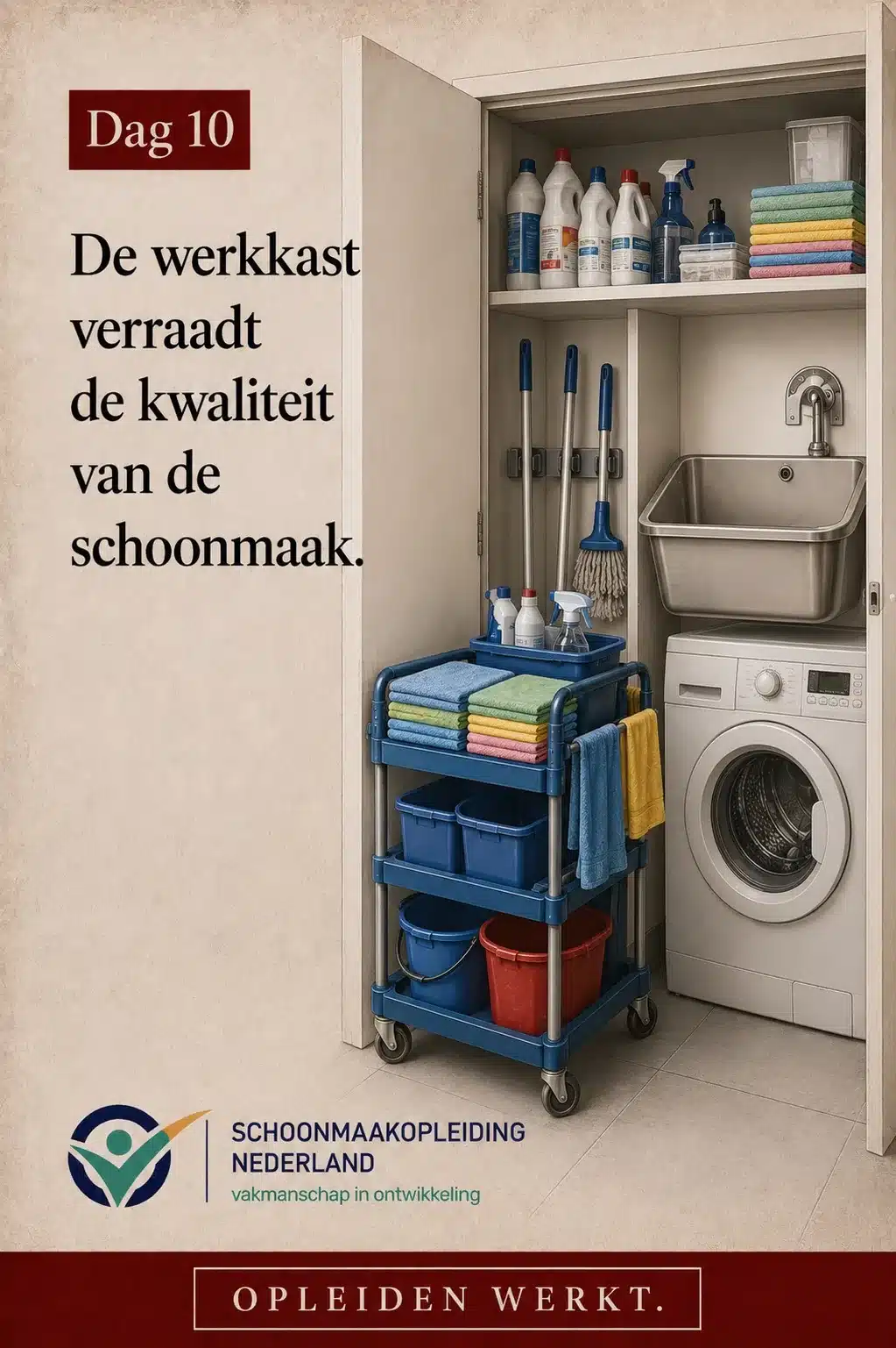Dag 10: opgeruimde werkkast met een blauwe werkwagen, gestapelde microvezeldoeken, gootsteen en wasmachine, met de tekst 