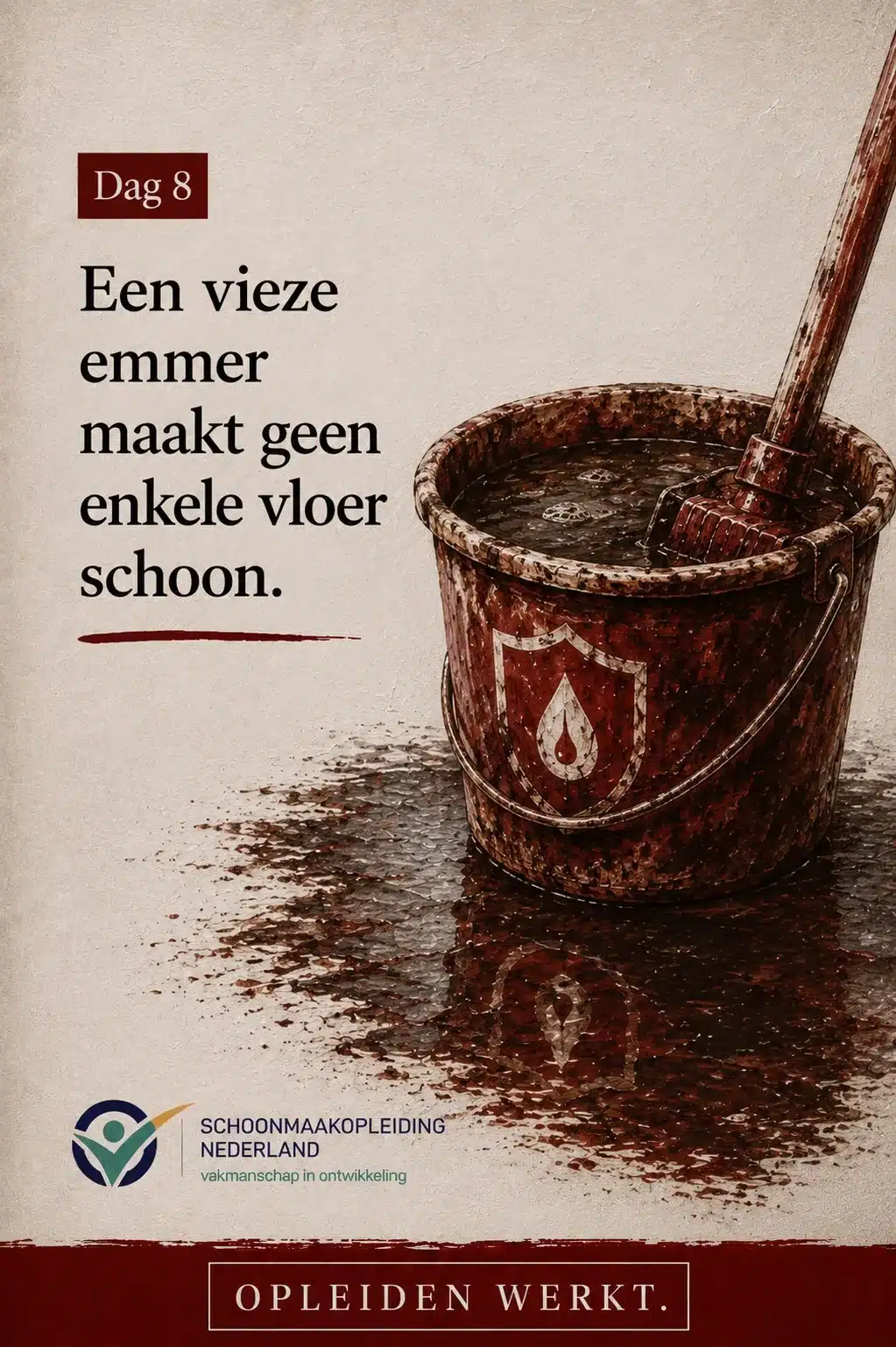 Dag 8: vieze roodbruine emmer met vuil water en een mopsteel erin, met de tekst 