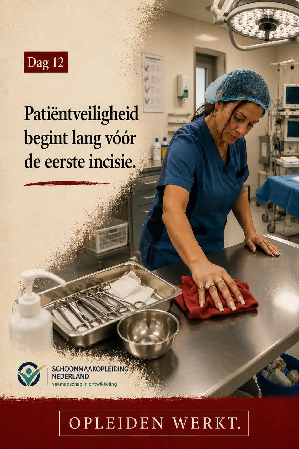 Dag 12: schoonmaker in OK-kleding neemt een roestvrijstalen tafel af naast een set instrumenten, met de tekst 