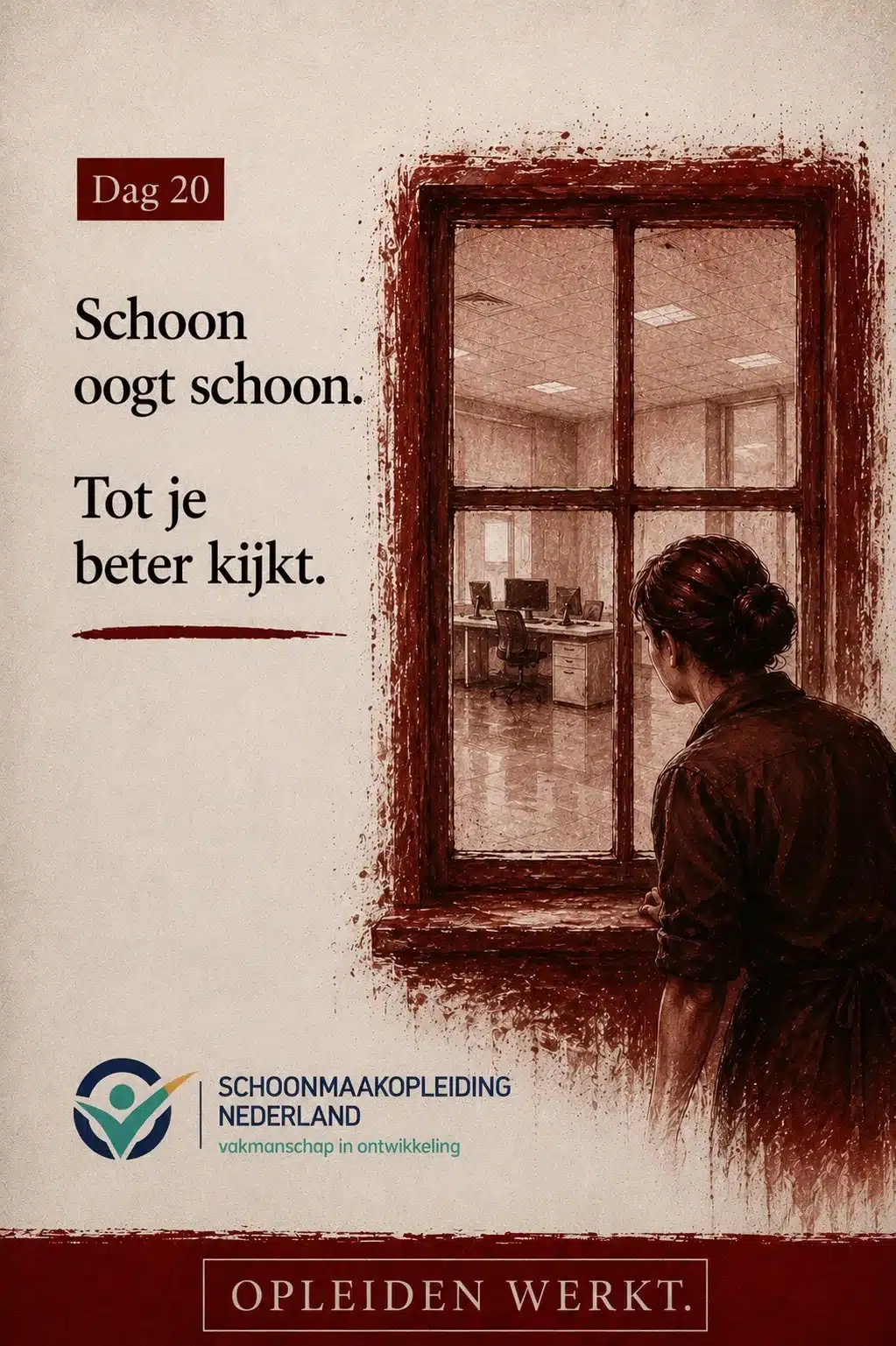 Dag 20: schoonmaakster kijkt door een raam naar een verlaten kantoorruimte, met de tekst 