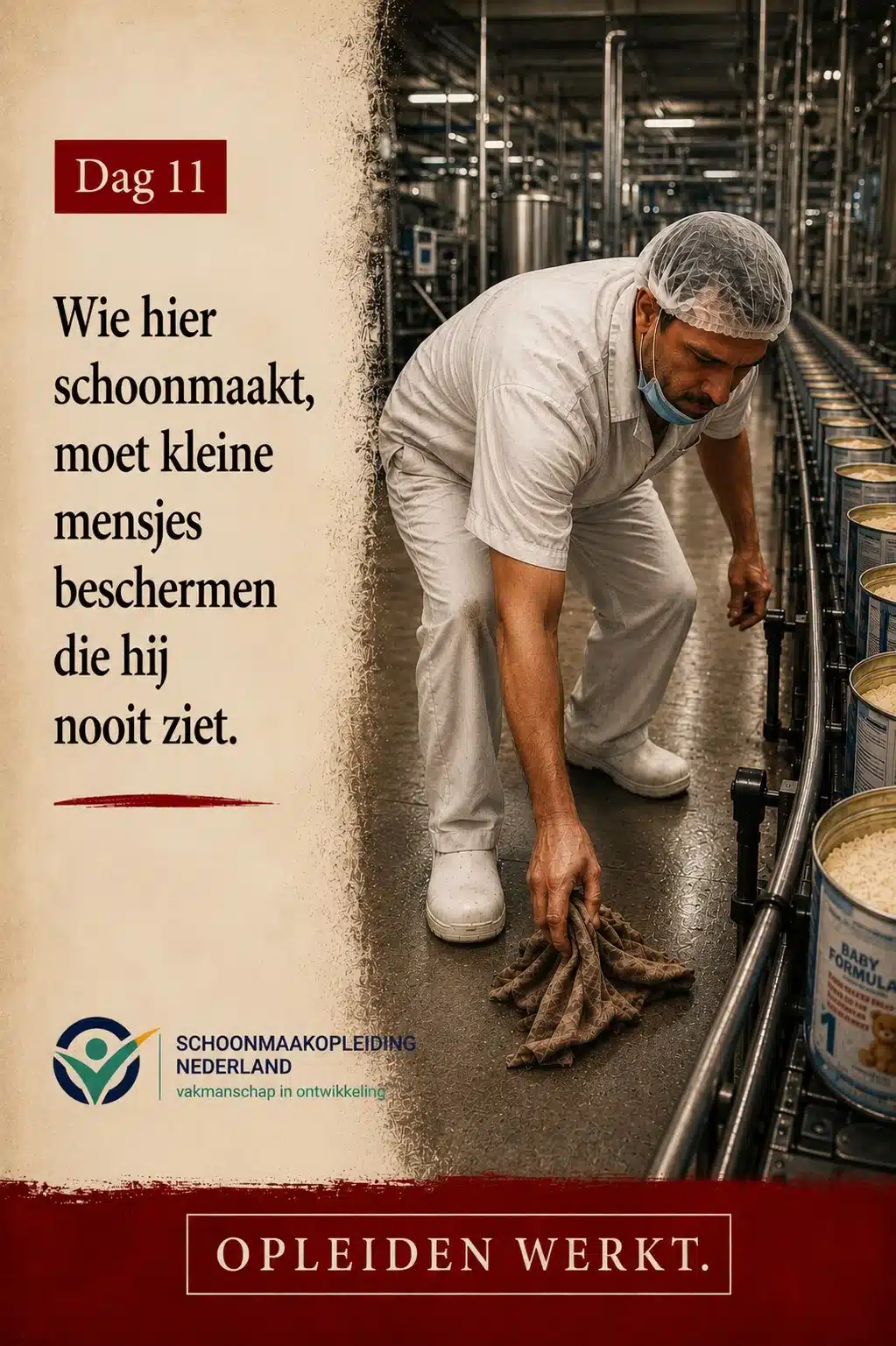 Dag 11: productiemedewerker in een fabriek voor babyvoeding raapt een doek van de vloer, met blikken babyvoeding op de lijn en de tekst 