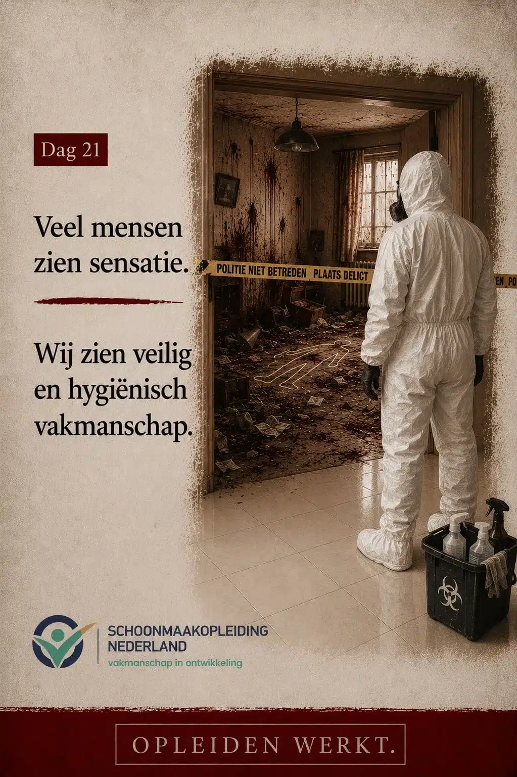 Dag 21: persoon in wit beschermpak in de deuropening van een plaats delict met politielint, met de tekst 
