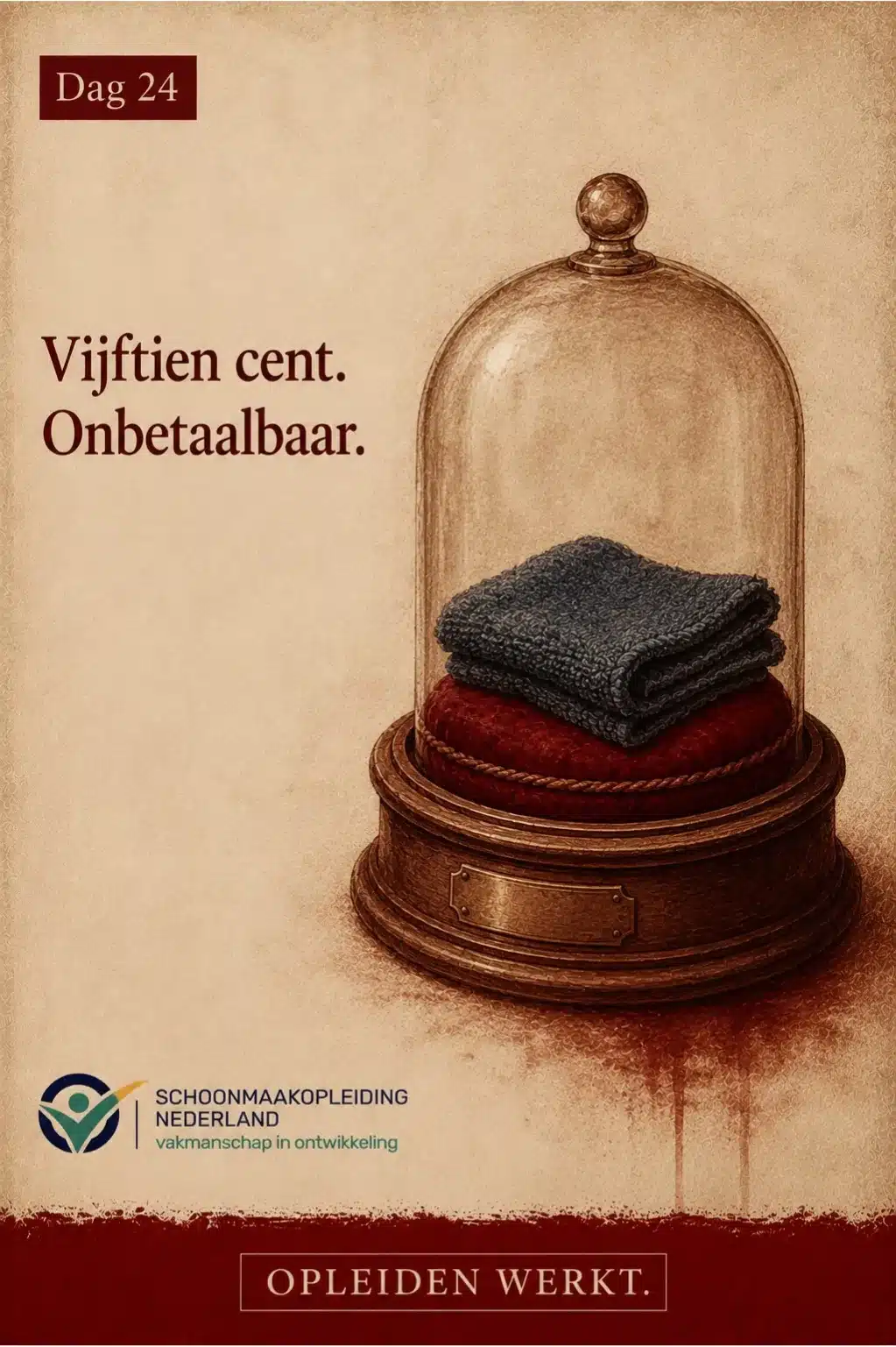 Dag 24: microvezeldoeken onder een glazen stolp op een sokkel, met de tekst 